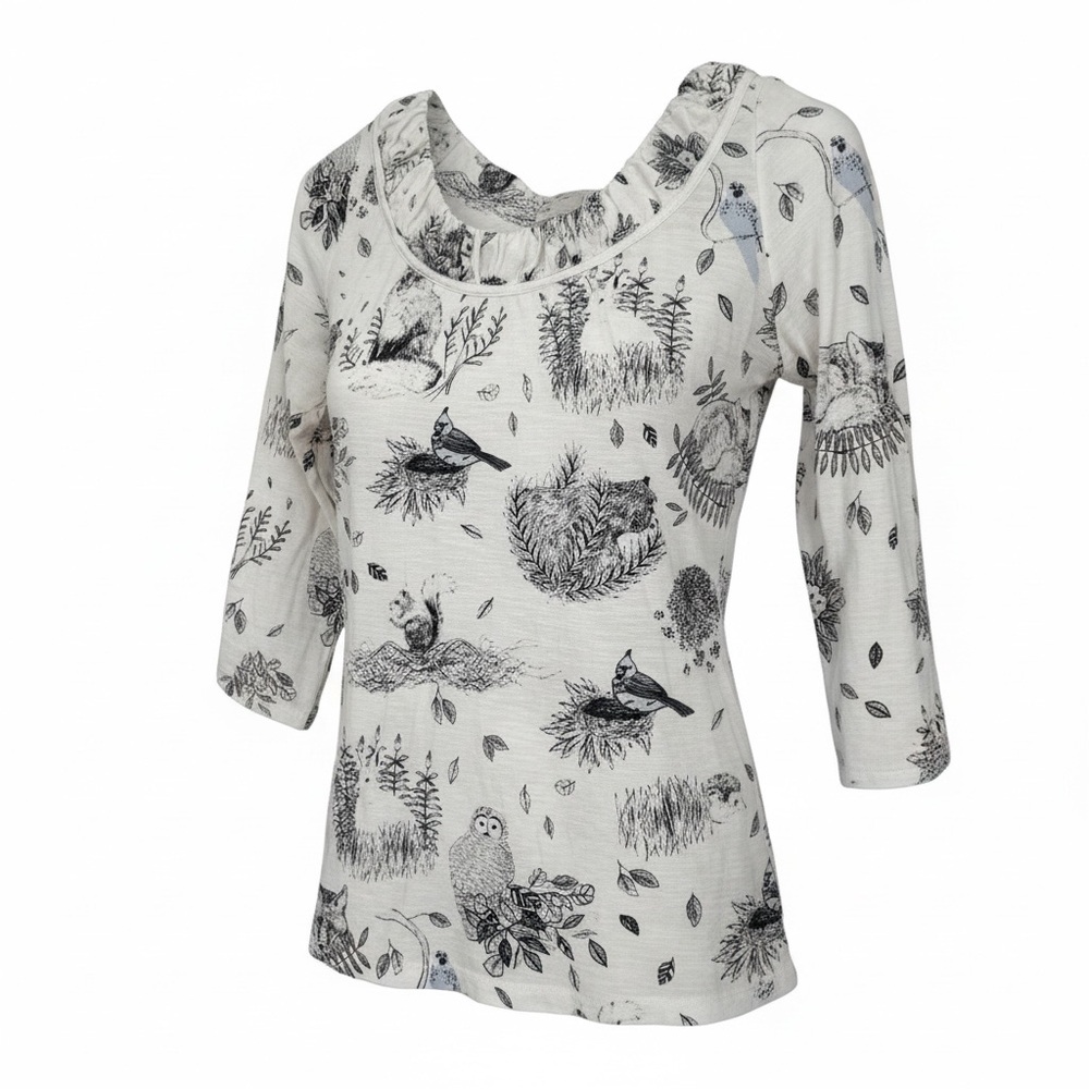 Anthropologie Postage Stamp 9-H15 Boho Nature Print; 3/4 Sleeve Top; Small